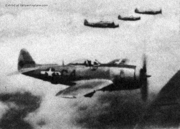 P-47 Thunderbolt WWII Fighter Aircraft flying in formation over Japan