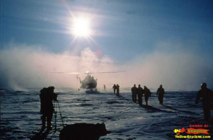 Helicopter picture kicking up ice at Borneo Base on the North Pole base camp.