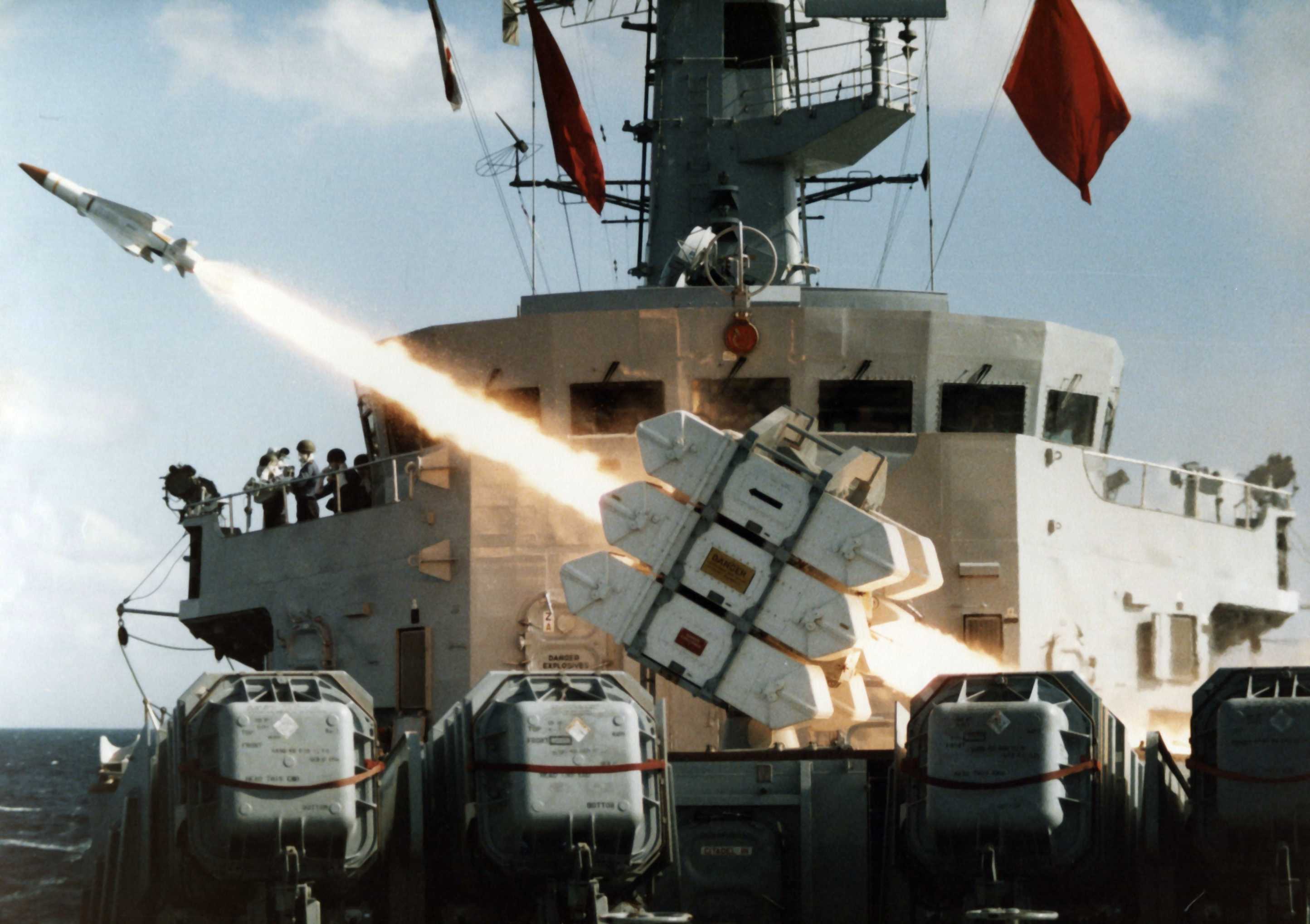 Seawolf missile being fired from HMS Brasen British Navy Ship