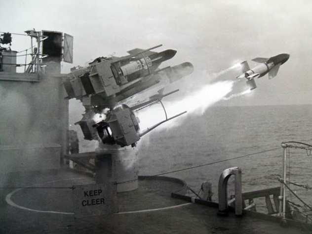 Seacat missile being fired from Intrepid in the Falkland Islands War