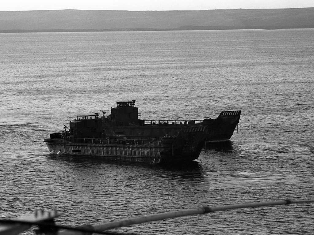 Landing craft in the Falklands Sound during the Falklnads War 1982