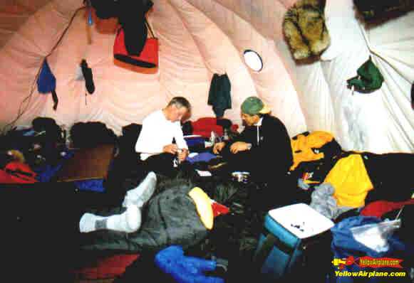 inside of the tent on top of the arctic ocean on the north pole