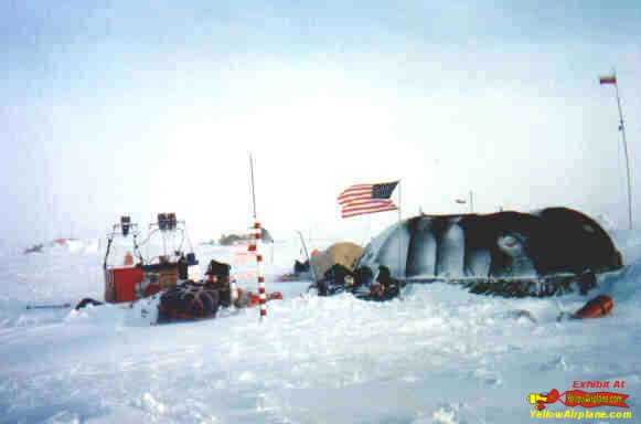 Base camp on top of the arctic ice at the north pole. Expedition Tents on the North Pole.