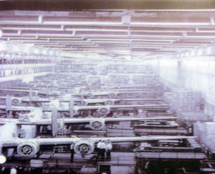Looking down the mile long B-24 Liberator Bomber Factory Assembly Line.