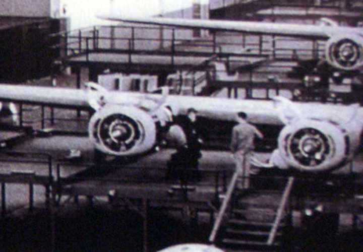 Close-up photo of the B-24 Liberator bomber engines and right wing.