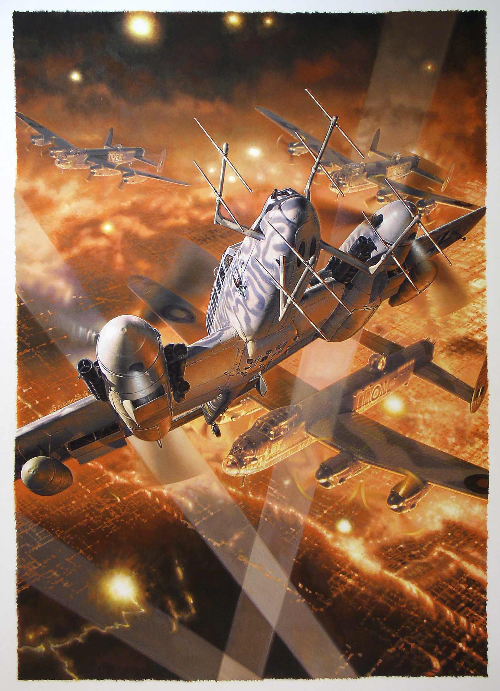 Painting of a BF-110 in combat against Lancaster Bombers