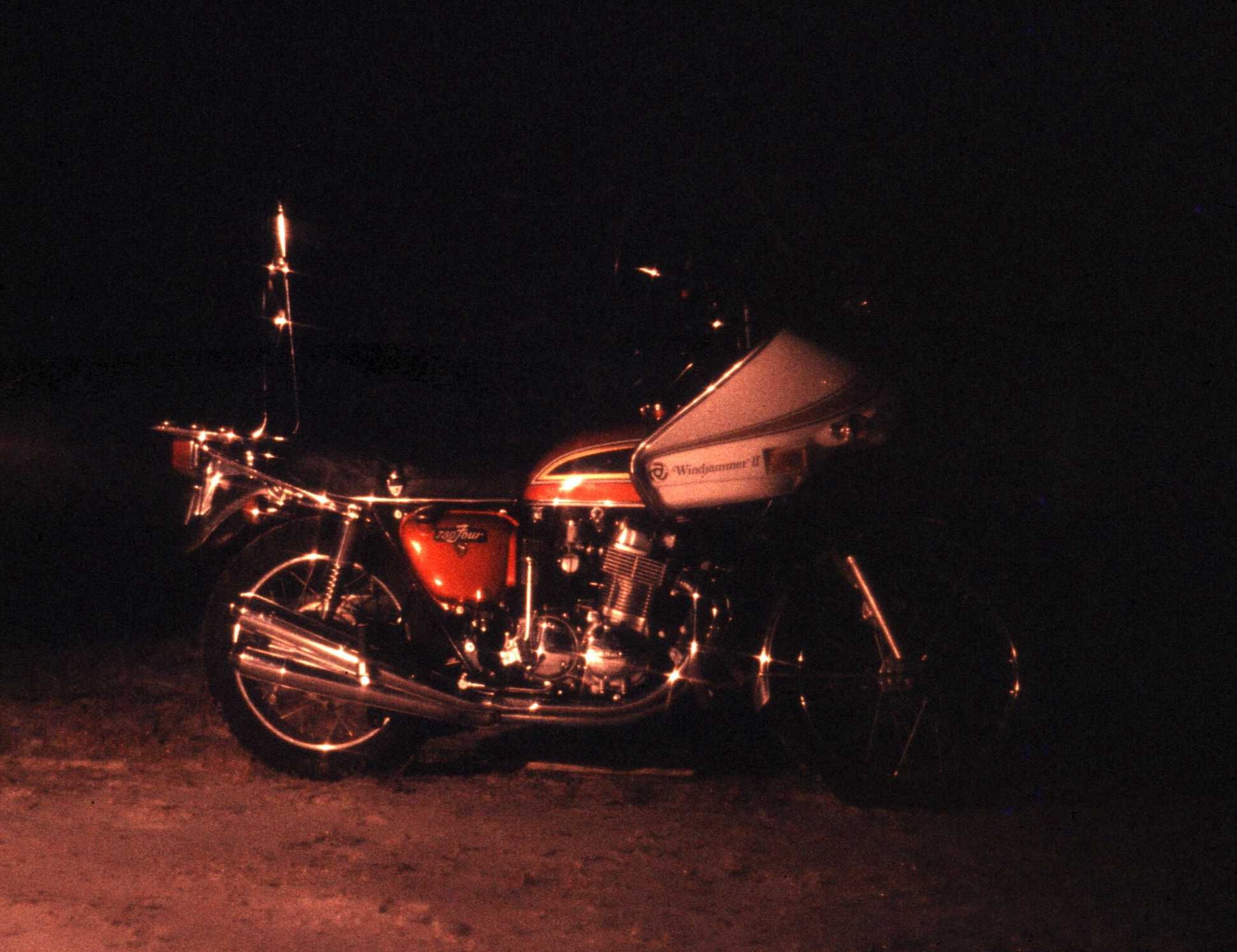 My 1974 CB750 Honda K4 bought at Huntington Honda, Tennessee, the very night that I brought it home.