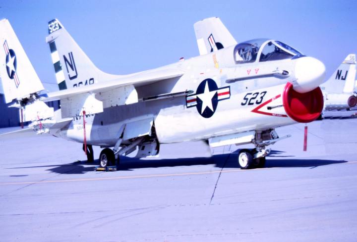 Here is the A-7 Corsair II at NAS Lemoore in 1974, but it is now located at the Prairie Aviation Museum in Bloomington Illinois.