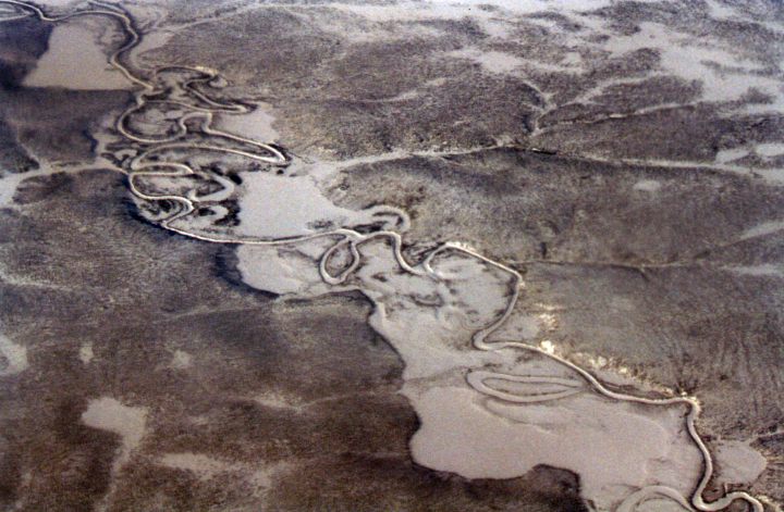 Aerial Photo of a meandering river in northern Siberia, Russia.