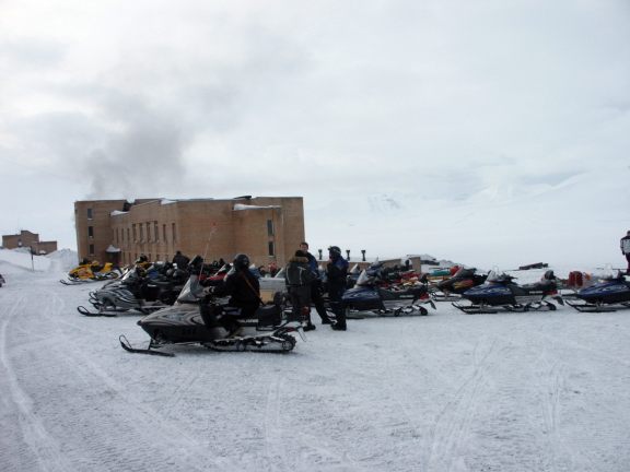 Snowmobile parking lot in Barentsburg.