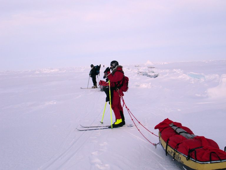 These skiers pull sledges on the North Pole.