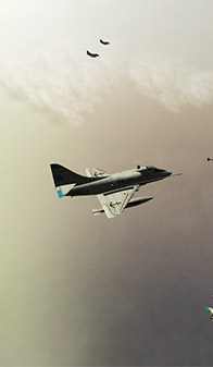 A4 Skyhawks fly in the Falklands - Malvinas War, viewed in the flight simulator game