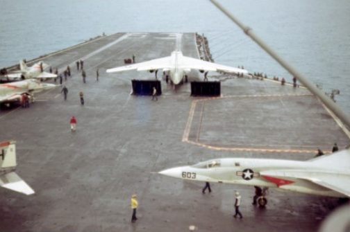 A-3 Skywarrior from VAH-4 fourrunners readys for takeoff from the Kitty Hawk
