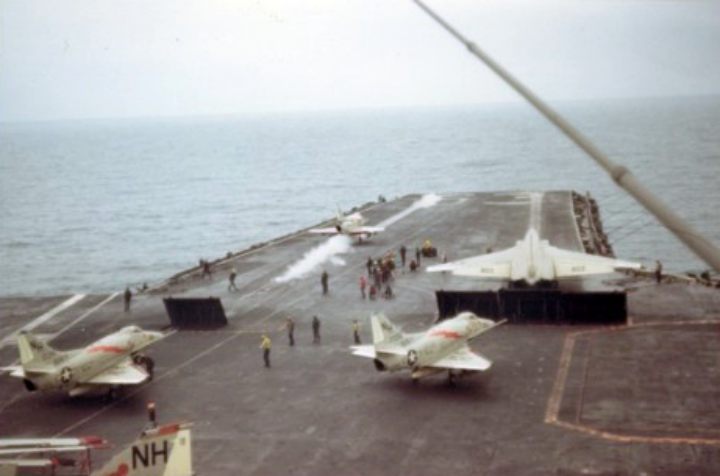 Jet Fighters taking off from the USS Kitty Hawk Aircraft Carrier. Photo