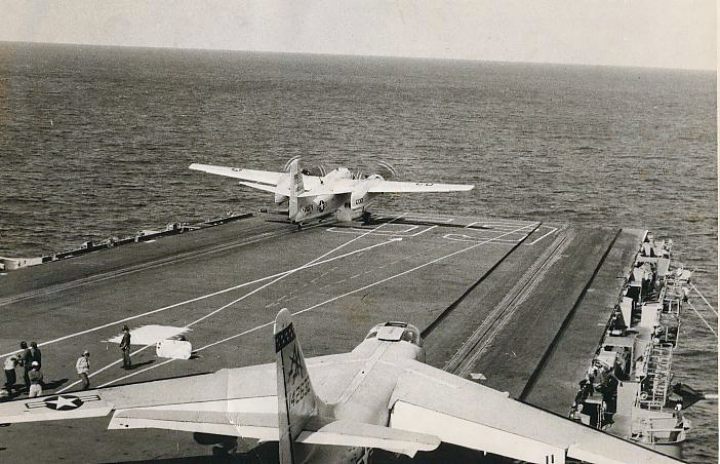 A C-1 Trader cargo aircraft on the USS Forrestal